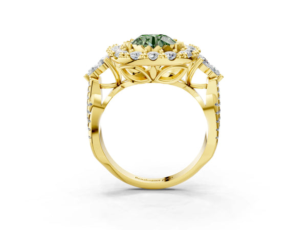 Yellow Gold Round Halo Crossover Pave Engagement Ring Setting for Fancy Green Center