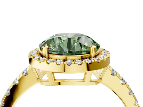 Yellow gold Fancy Green Round Cut Diamond Halo Ring with Pavé Band and Four-Prong Setting_4