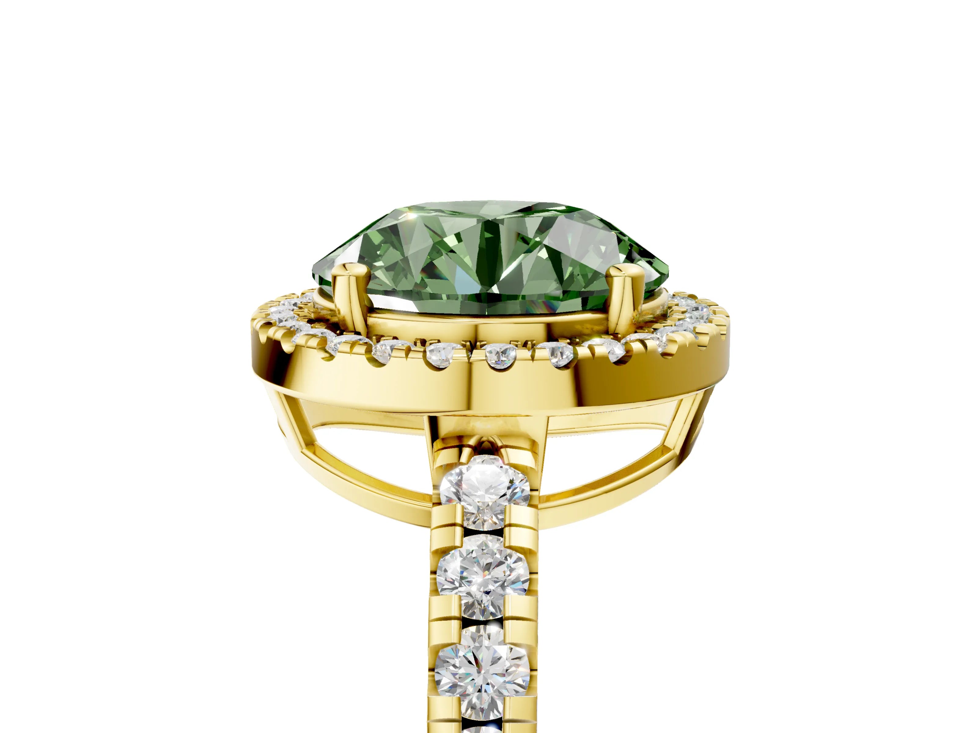 Yellow gold Fancy Green Round Cut Diamond Halo Ring with Pavé Band and Four-Prong Setting_5