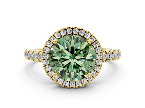 Yellow gold Fancy Green Round Cut Diamond Halo Ring with Pavé Band and Four-Prong Setting
