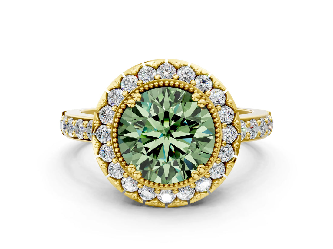 Yellow gold Fancy Green Round Cut Diamond Halo Ring with Pavé Band and Prong Setting_12