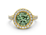 Yellow gold Fancy Green Round Cut Diamond Halo Ring with Pavé Band and Prong Setting_12