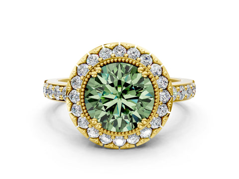 Yellow gold Fancy Green Round Cut Diamond Halo Ring with Pavé Band and Prong Setting_12