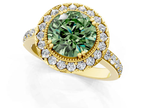 Yellow gold Fancy Green Round Cut Diamond Halo Ring with Pavé Band and Prong Setting_13