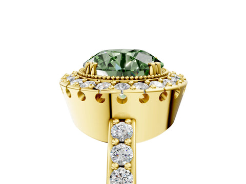 Yellow gold Fancy Green Round Cut Diamond Halo Ring with Pavé Band and Prong Setting_17