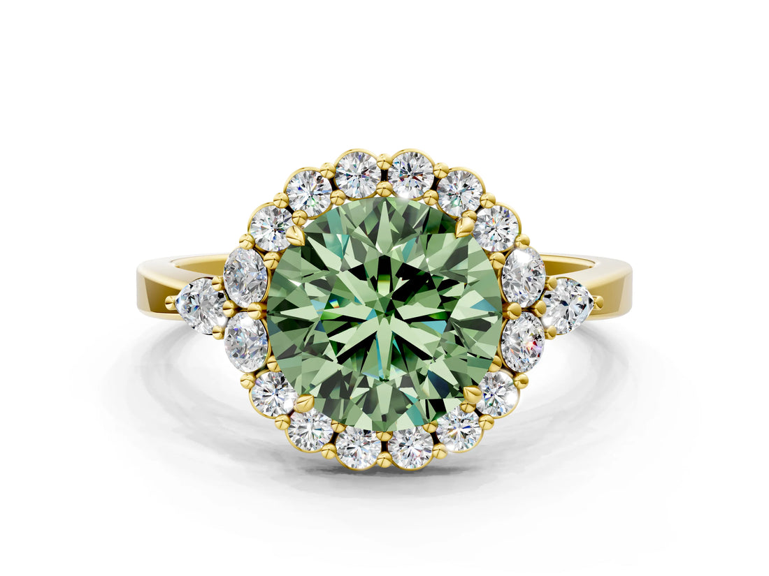 Yellow gold Fancy Green Round Cut Diamond Halo Ring with Pear Side Stones and Prong Setting_51