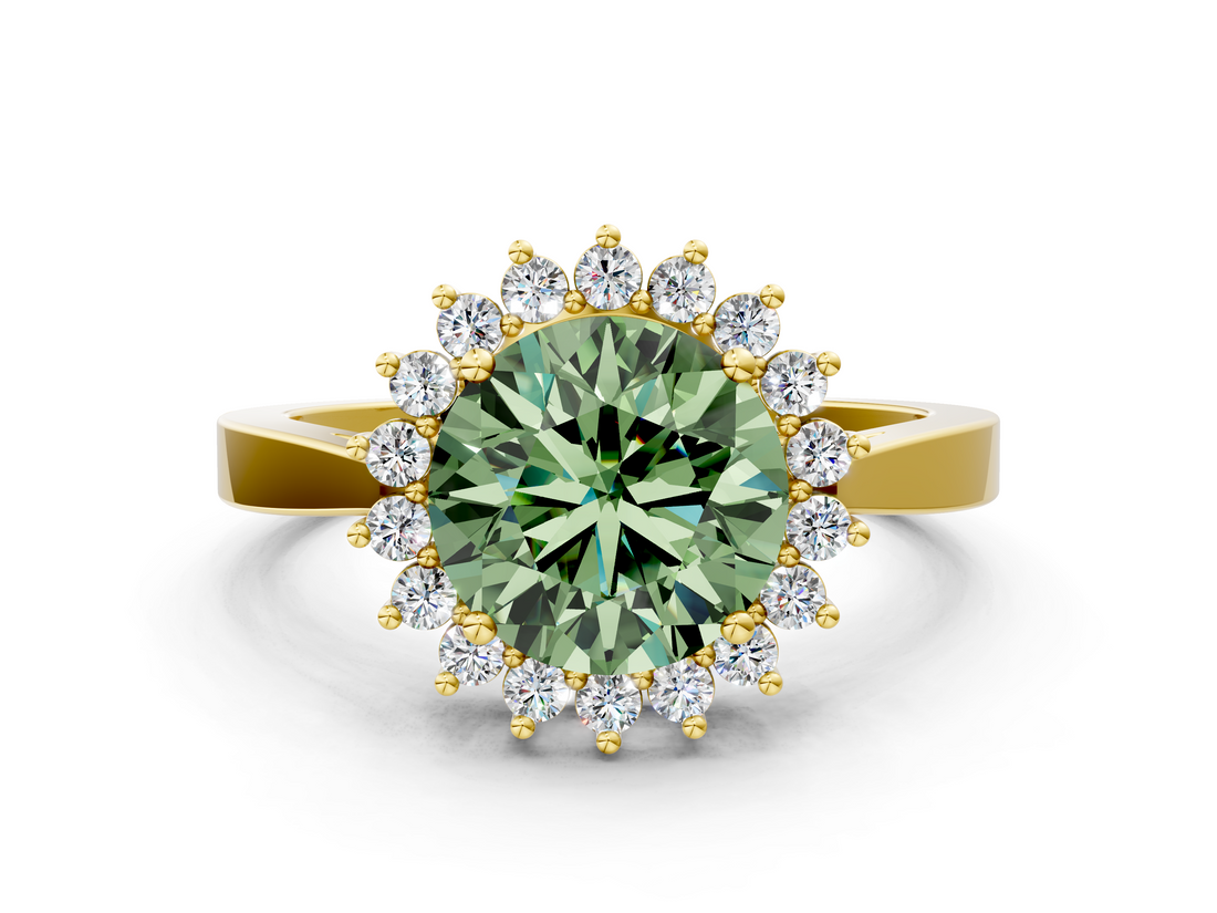 Yellow gold Fancy Green Round  Cut Diamond Halo Ring with Round Brilliant Halo and Solitaire Band_87