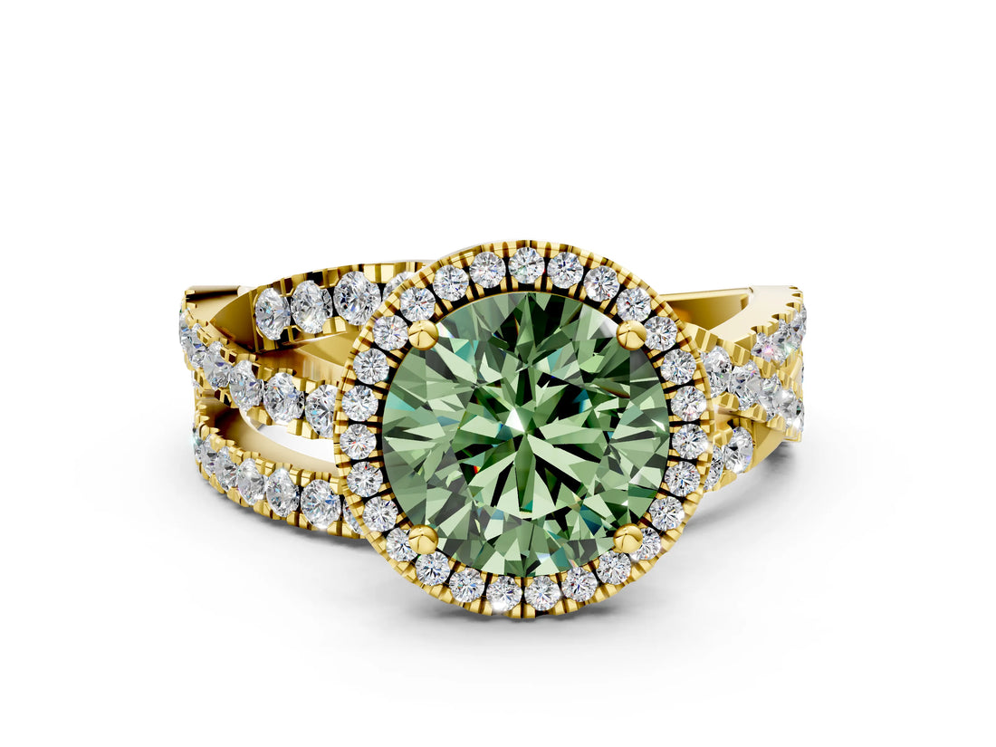 Yellow gold Fancy Green Round Cut Diamond Halo Ring with Round Split Shank and Prong Setting_36