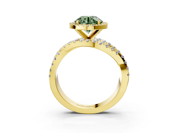 Yellow Gold Round Halo Engagement Ring Setting for Fancy Green Center with Twisted Pave Split Shank