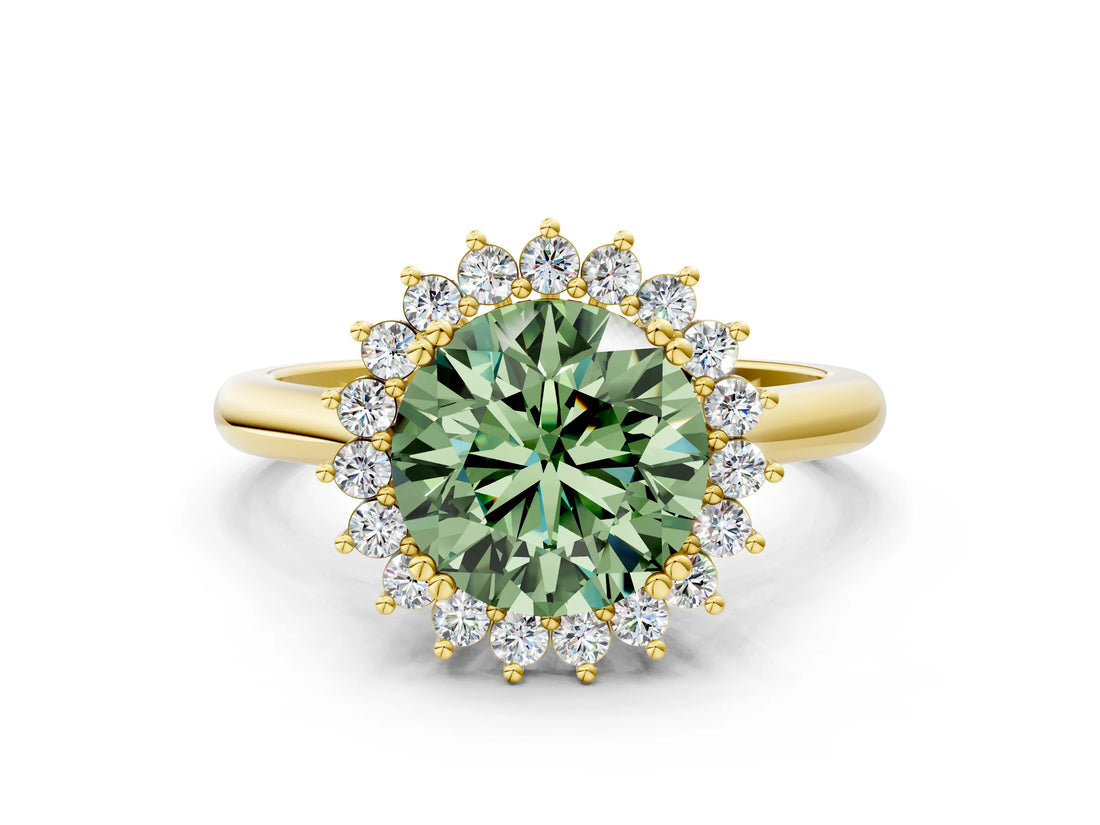 Yellow gold Fancy Green Round  Cut Diamond Halo Ring with Solitaire Band and Prong Setting_73