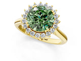 Yellow gold Fancy Green Round  Cut Diamond Halo Ring with Solitaire Band and Prong Setting_74