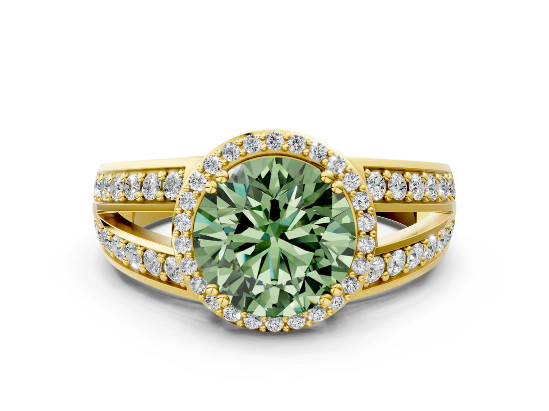 Yellow gold Fancy Green Round Cut Diamond Halo Ring with Split Shank Pavé Band and Four-Prong Setting