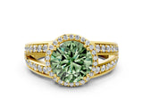 Yellow gold Fancy Green Round Cut Diamond Halo Ring with Split Shank Pavé Band and Four-Prong Setting