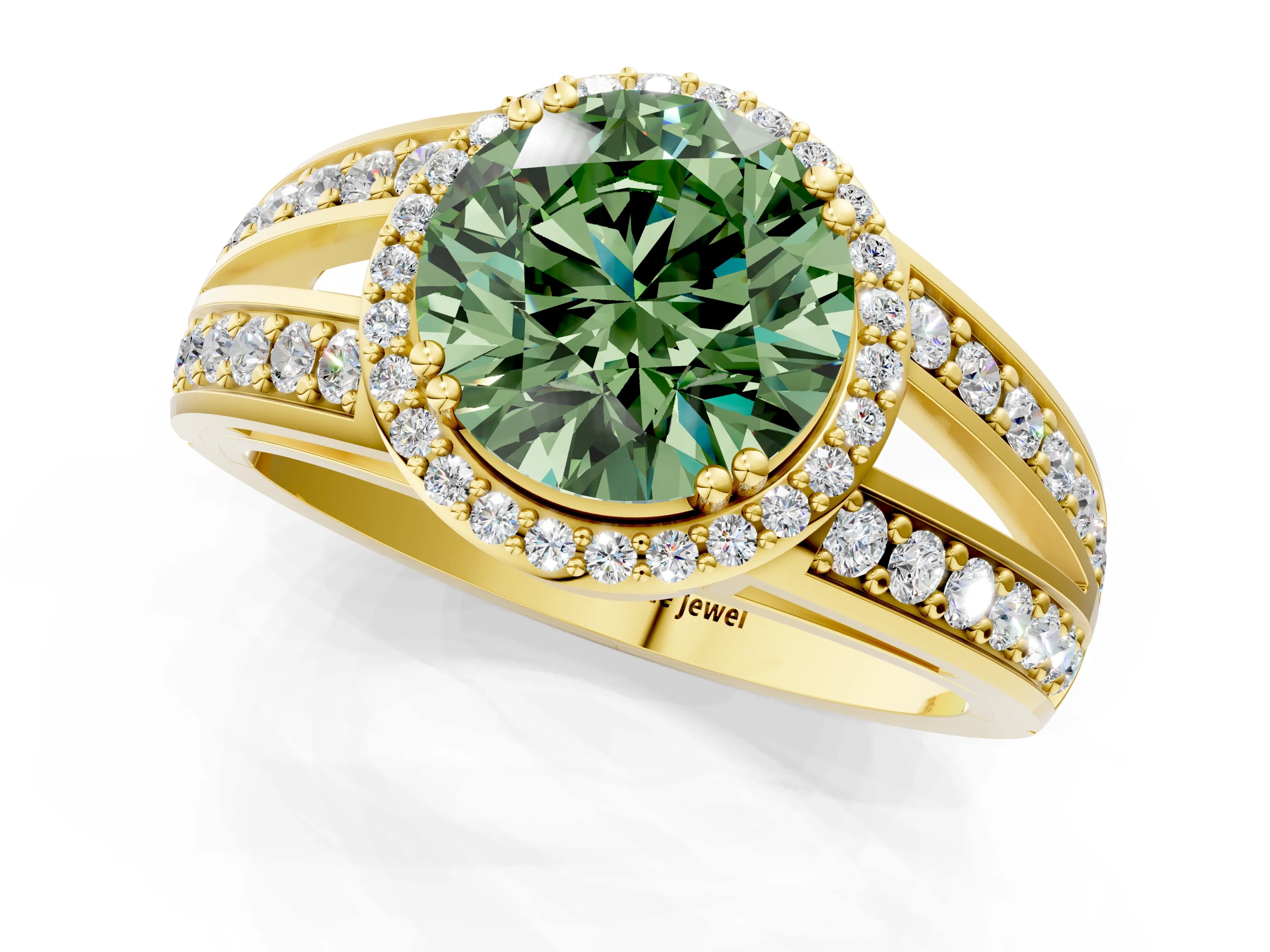 Yellow gold Fancy Green Round Cut Diamond Halo Ring with Split Shank Pavé Band and Four-Prong Setting_1