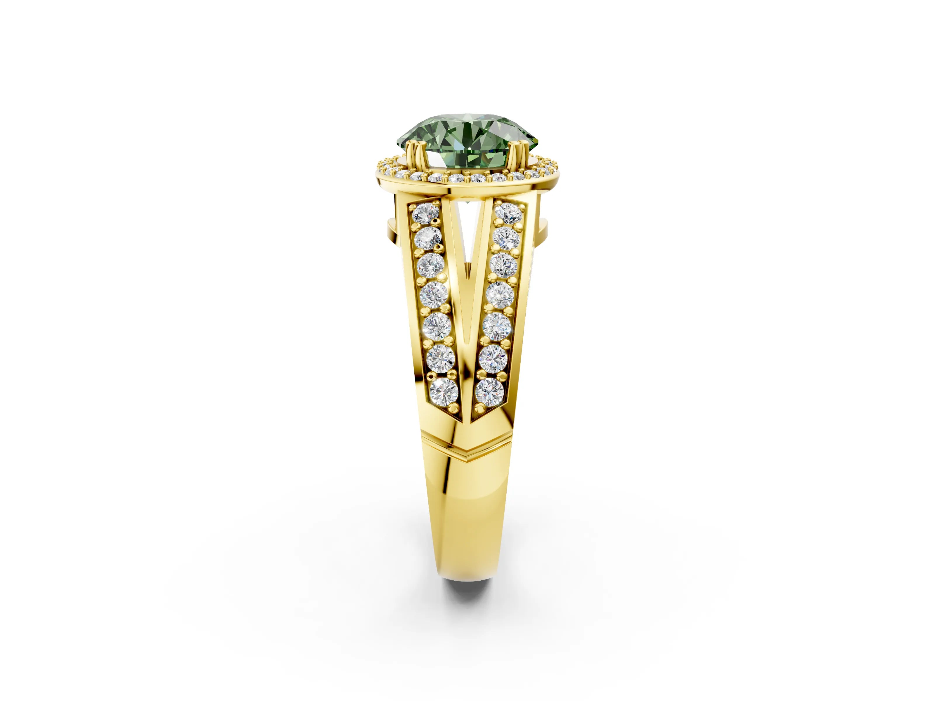 Yellow gold Fancy Green Round Cut Diamond Halo Ring with Split Shank Pavé Band and Four-Prong Setting_2