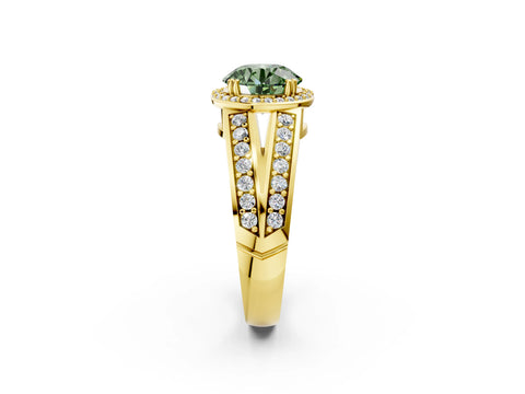 Yellow gold Fancy Green Round Cut Diamond Halo Ring with Split Shank Pavé Band and Four-Prong Setting_2