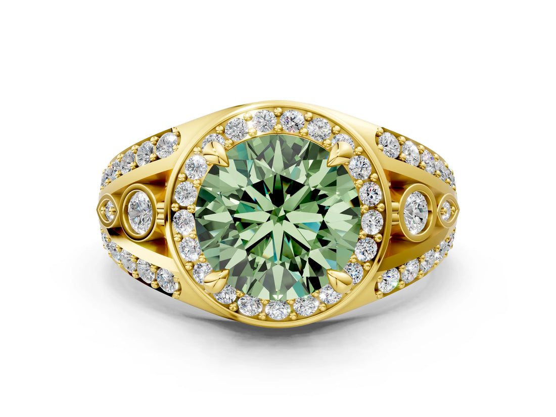 Yellow gold Fancy Green Round Cut Diamond Halo Ring with Split Shank and Bezel Accents and Four-Prong Setting