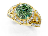 Yellow gold Fancy Green Round Cut Diamond Halo Ring with Split Shank and Bezel Accents and Four-Prong Setting_1