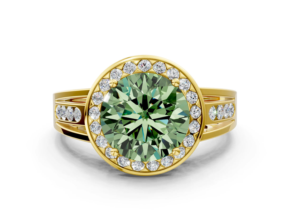 Yellow gold Fancy Green Round Cut Diamond Halo Ring with Split Shank and Bezel Accents and Prong Setting