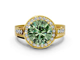Yellow gold Fancy Green Round Cut Diamond Halo Ring with Split Shank and Bezel Accents and Prong Setting