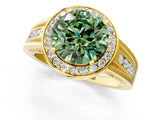 Yellow gold Fancy Green Round Cut Diamond Halo Ring with Split Shank and Bezel Accents and Prong Setting_1
