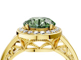 Yellow gold Fancy Green Round Cut Diamond Halo Ring with Split Shank and Bezel Accents and Prong Setting_4
