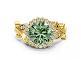 Yellow gold Fancy Green Round Cut Diamond Halo Ring with Vintage Split Shank and Four-Prong Setting_36
