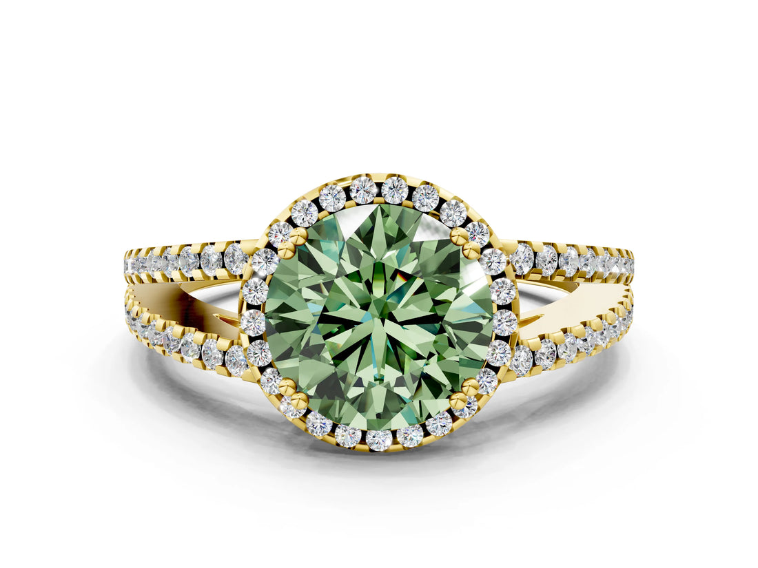 Yellow gold Fancy Green Round Cut Diamond Halo Split Shank Engagement Ring_39