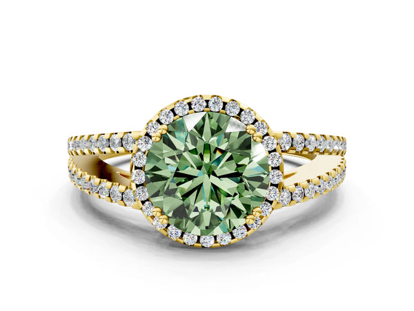 Yellow gold Fancy Green Round Cut Diamond Halo Split Shank Engagement Ring