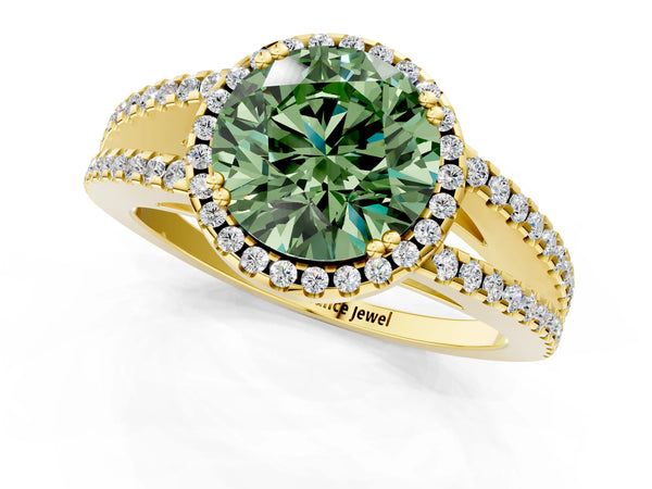 Yellow gold Fancy Green Round Cut Diamond Halo Split Shank Engagement Ring