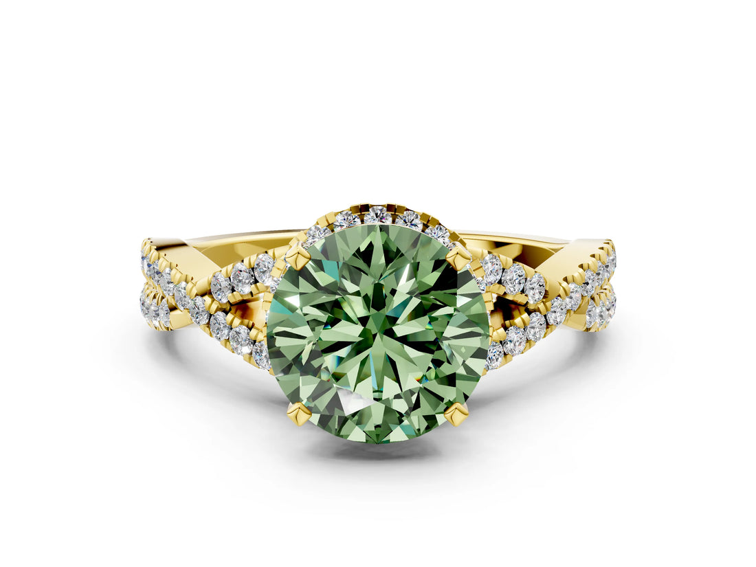 Yellow gold Fancy Green Round Cut Diamond  Halo Twist Band Solitaire Prong Setting Ring_48