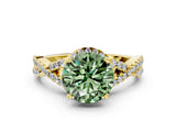 Yellow gold Fancy Green Round Cut Diamond  Halo Twist Band Solitaire Prong Setting Ring_48