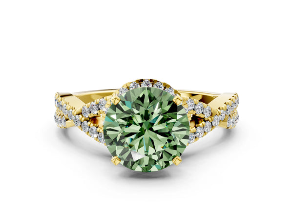 Yellow gold Fancy Green Round Cut Diamond  Halo Twist Band Solitaire Prong Setting Ring