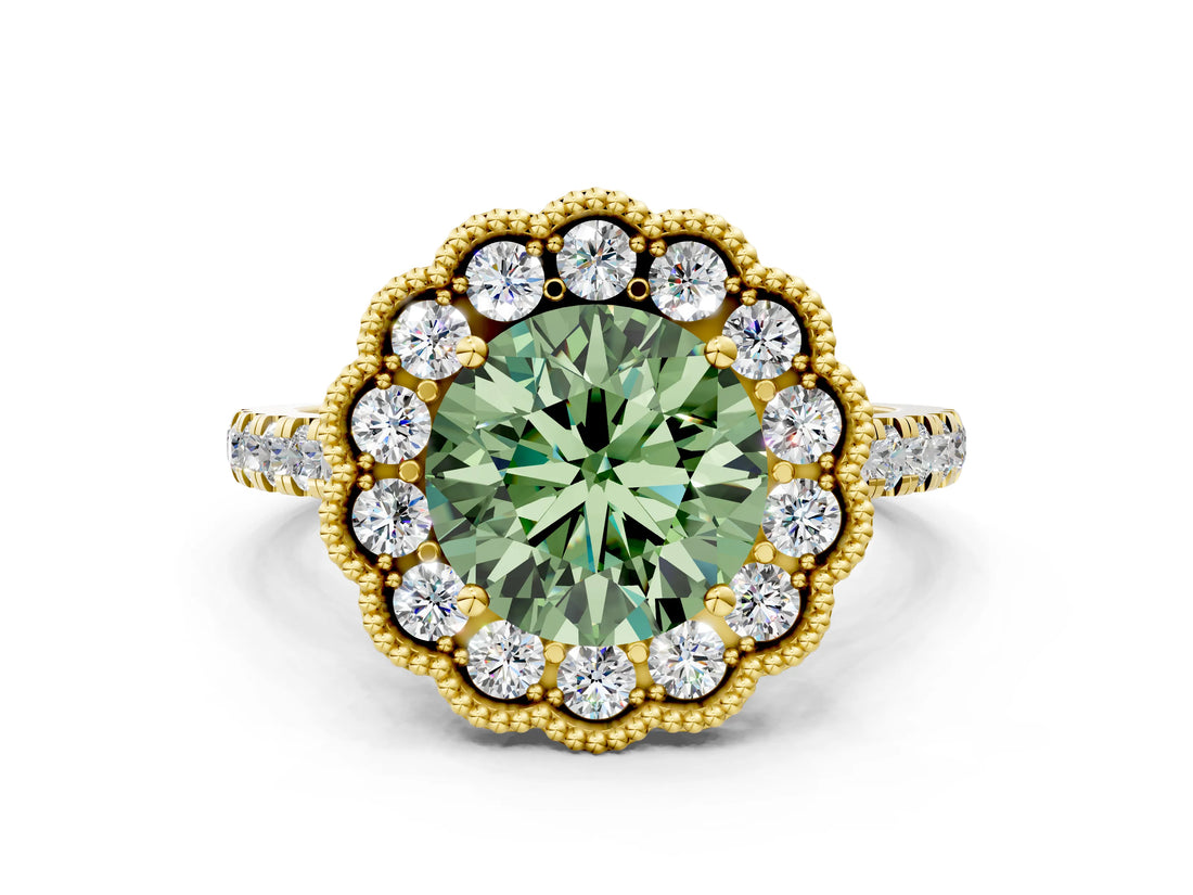 Yellow gold Fancy Green Round  Cut Diamond Milgrain Floral Halo Engagement Ring with Pavé Band_15