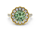 Yellow gold Fancy Green Round  Cut Diamond Milgrain Floral Halo Engagement Ring with Pavé Band_15