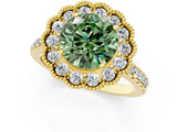 Yellow gold Fancy Green Round  Cut Diamond Milgrain Floral Halo Engagement Ring with Pavé Band_16