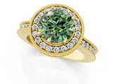 Yellow gold Fancy Green Round Cut Diamond Milgrain Halo Engagement Ring with Round Pavé Band and Prong Setting_13