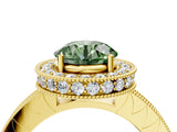 Yellow gold Fancy Green Round Cut Diamond Milgrain Halo Engagement Ring with Round Pavé Band and Prong Setting_16