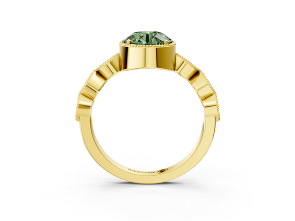 Yellow gold Fancy Green Round  Cut Diamond Milgrain Marquise Band with Prong Setting