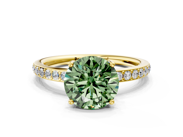 Yellow gold Fancy Green Round  Cut Diamond Pavé Band Ring with Four-Prong Setting