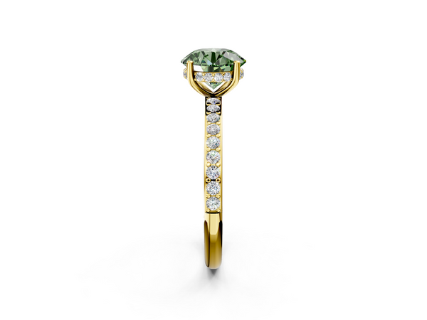 Yellow gold Fancy Green Round  Cut Diamond Pavé Band Ring with Four-Prong Setting