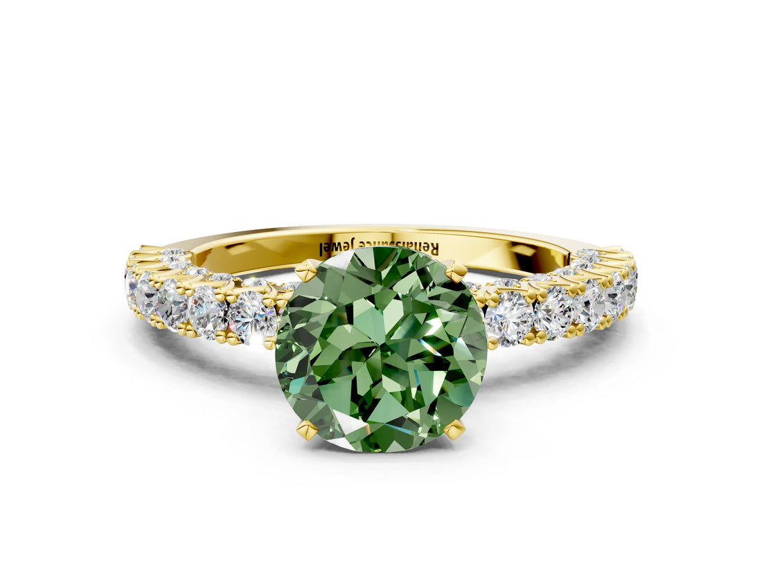 Yellow gold Fancy Green Round Cut Diamond Pavé Band Solitaire Ring with Prong Setting_59