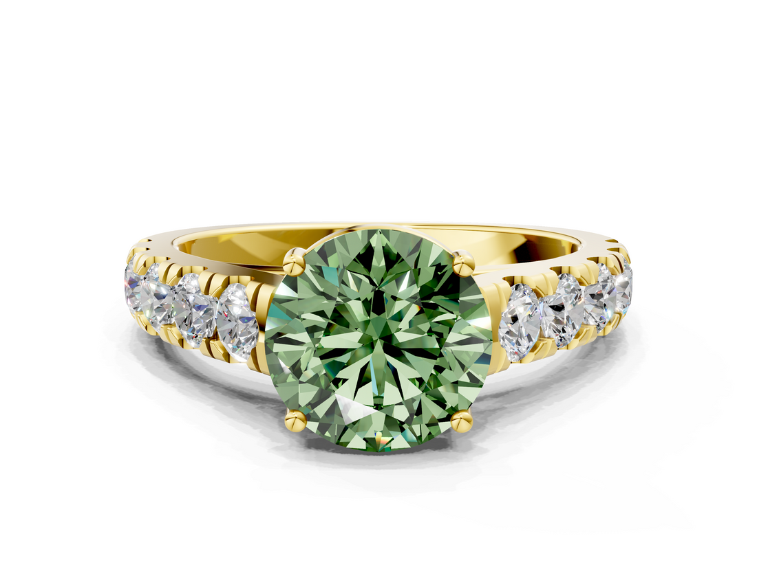 Yellow gold Fancy Green Round  Cut Diamond Pavé Band Solitaire with Four-Prong Setting_3