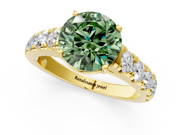 Yellow gold Fancy Green Round  Cut Diamond Solitaire Ring with Micro Pave Band and Prong Setting