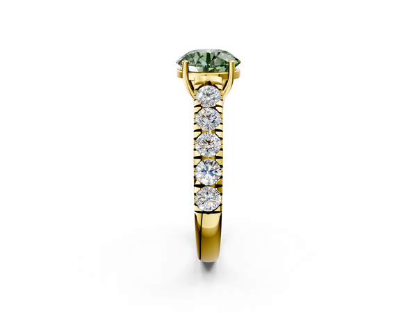 Yellow gold Fancy Green Round  Cut Diamond Solitaire Ring with Micro Pave Band and Prong Setting