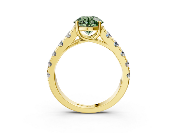 Yellow gold Fancy Green Round  Cut Diamond Solitaire Ring with Micro Pave Band and Prong Setting