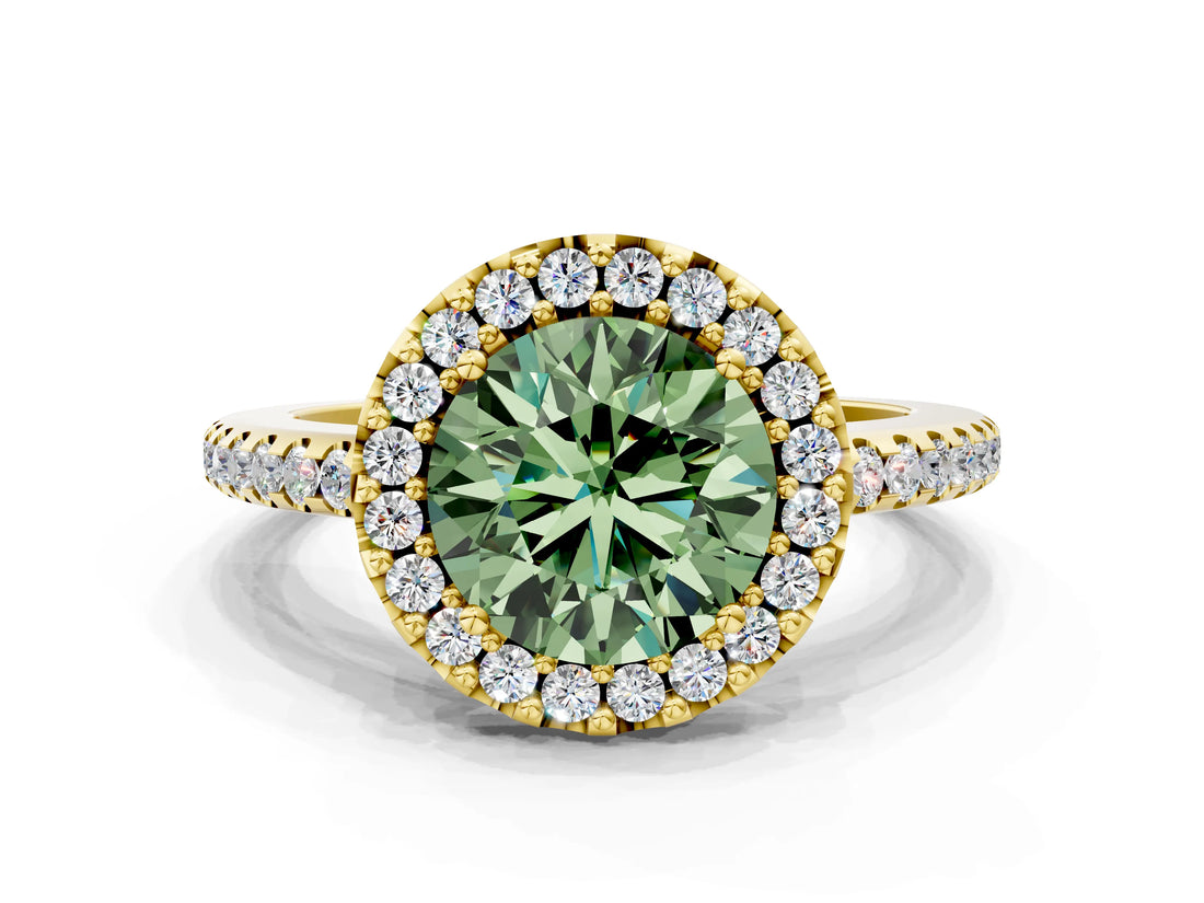 Yellow gold Fancy Green Round Cut Diamond Pavé Halo Ring with Four-Prong Setting_35