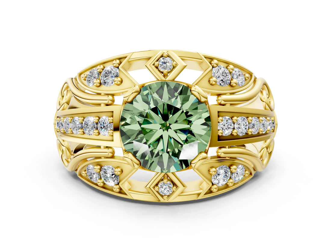 Yellow gold Fancy Green Round Cut Diamond Pave Art Deco Split Shank Ring with Four-Prong Setting