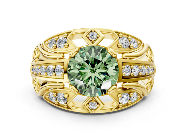 Yellow gold Fancy Green Round Cut Diamond Pave Art Deco Split Shank Ring with Four-Prong Setting