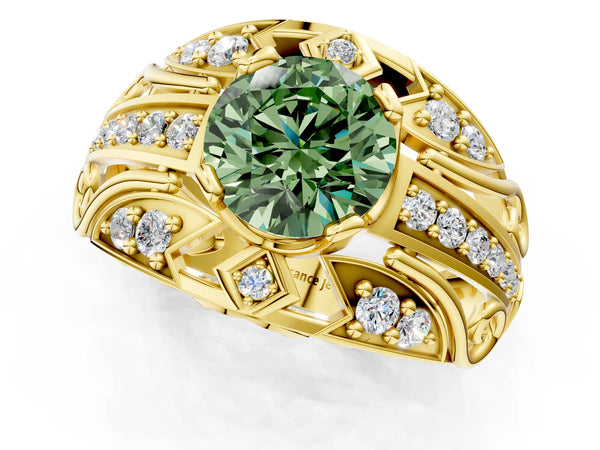Yellow gold Fancy Green Round Cut Diamond Pave Art Deco Split Shank Ring with Four-Prong Setting